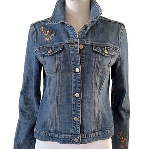 VILLAGER by Liz Claiborne Floral Embroidered Stretch Denim Jacket SIZE 8